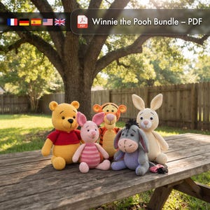 May include: A set of five crocheted stuffed animals including a yellow bear with a red shirt, a small pink pig, an orange and black striped tiger, a grey donkey, and a cream-colored rabbit, with text reading Winnie the Pooh Bundle - PDF.