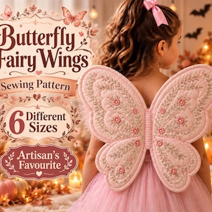 Könnte beinhalten: Ein Schnittmuster für Schmetterlings-Feenflügel mit dem Text Butterfly Fairy Wings Sewing Pattern, 6 Different Sizes und Artisan's Favourite. Die Flügel sind hellrosa mit gesteppter Blumenstickerei und Perlen.