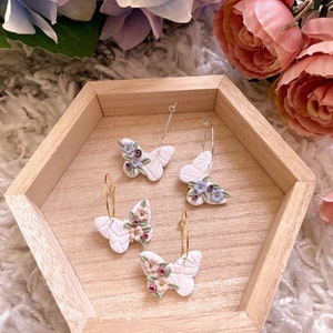 Floral Butterfly Marble Hoop Earrings, Gold or Silver Plated | Lightweight Polymer Clay | Hypoallergenic