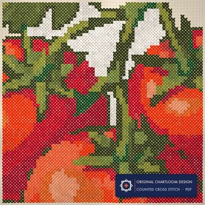 Close up of the vine tomatoes cross stitch design worked stitch by stitch, every cross and thread colour visible