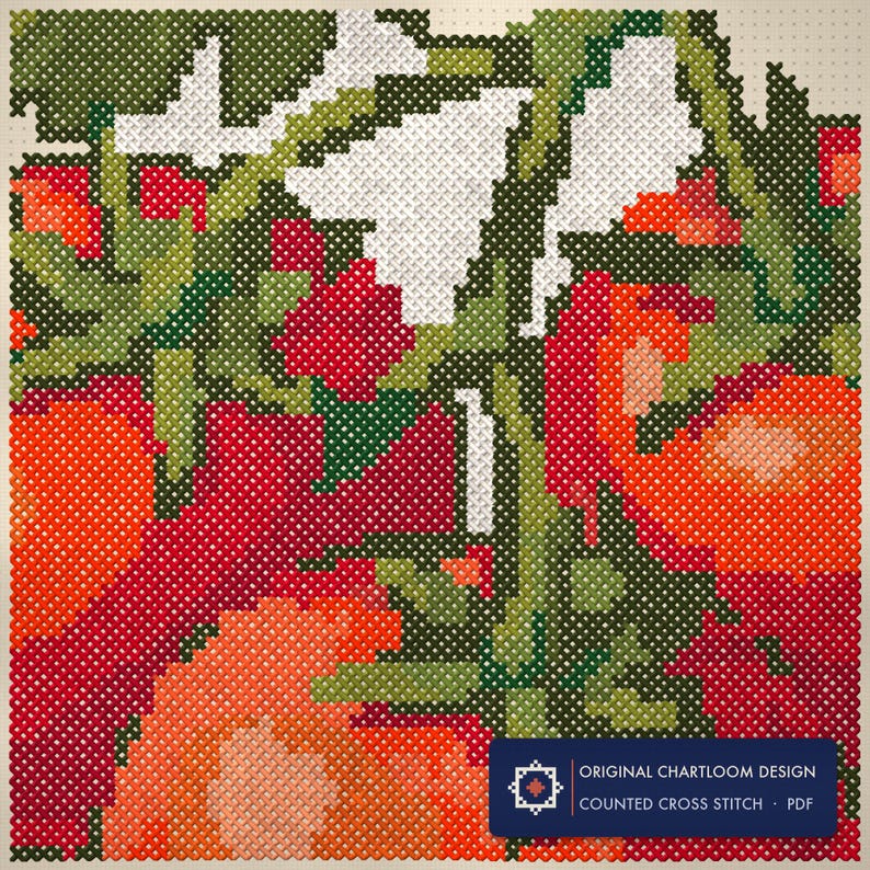 Close up of the vine tomatoes cross stitch design worked stitch by stitch, every cross and thread colour visible