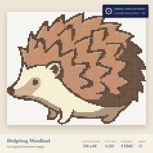 a hedgehog cross stitch chart shown as a colour preview with the stitch count and thread count