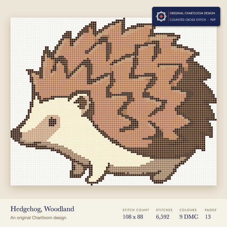 a hedgehog cross stitch chart shown as a colour preview with the stitch count and thread count