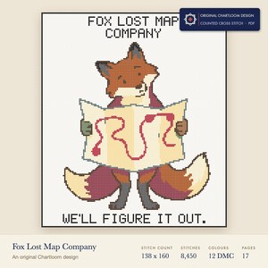 fox lost map company cross stitch chart shown as a colour preview with the stitch count and thread count