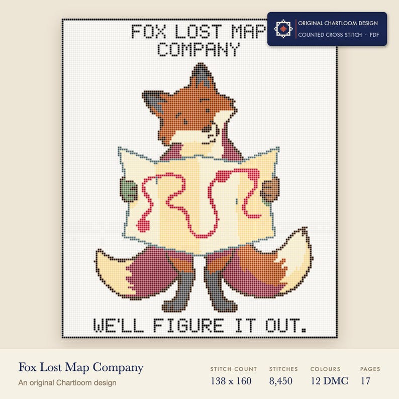 fox lost map company cross stitch chart shown as a colour preview with the stitch count and thread count