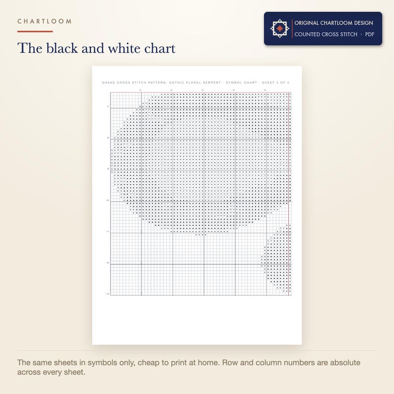 The black and white symbol chart from the serpent with roses cross stitch pattern PDF, symbols only