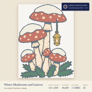 snow capped mushrooms cross stitch chart shown as a colour preview with the stitch count and thread count