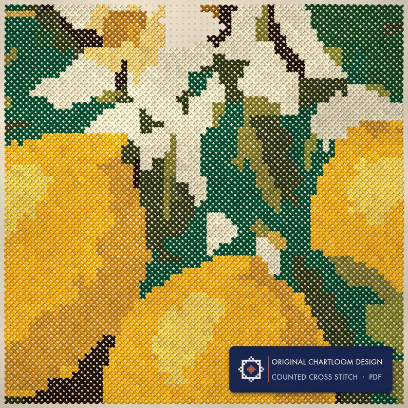 Close up of the stitching, every cross and thread colour visible