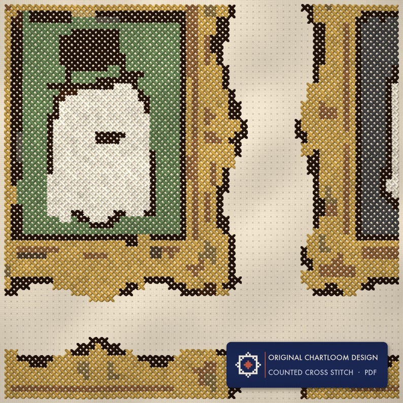 Close up of the a gallery of ghost portraits cross stitch design worked stitch by stitch, every cross and thread colour visible