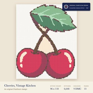 cherries cross stitch chart shown as a colour preview with the stitch count and thread count