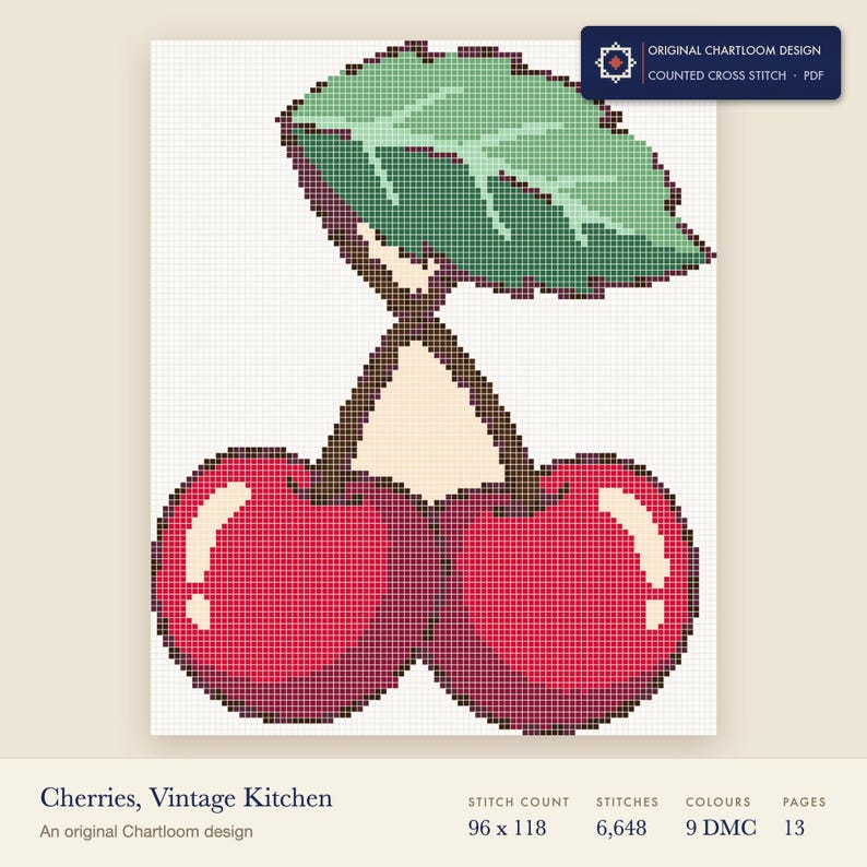 cherries cross stitch chart shown as a colour preview with the stitch count and thread count