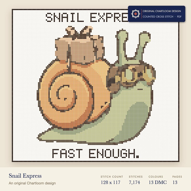 snail express cross stitch chart shown as a colour preview with the stitch count and thread count