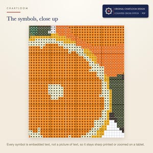 Close up of the printed symbols and grid on the an orange branch cross stitch chart