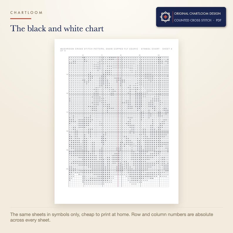 The black and white symbol chart from the snow capped mushrooms cross stitch pattern PDF, symbols only