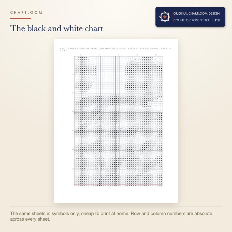 The black and white symbol chart from the snail cross stitch pattern PDF, symbols only