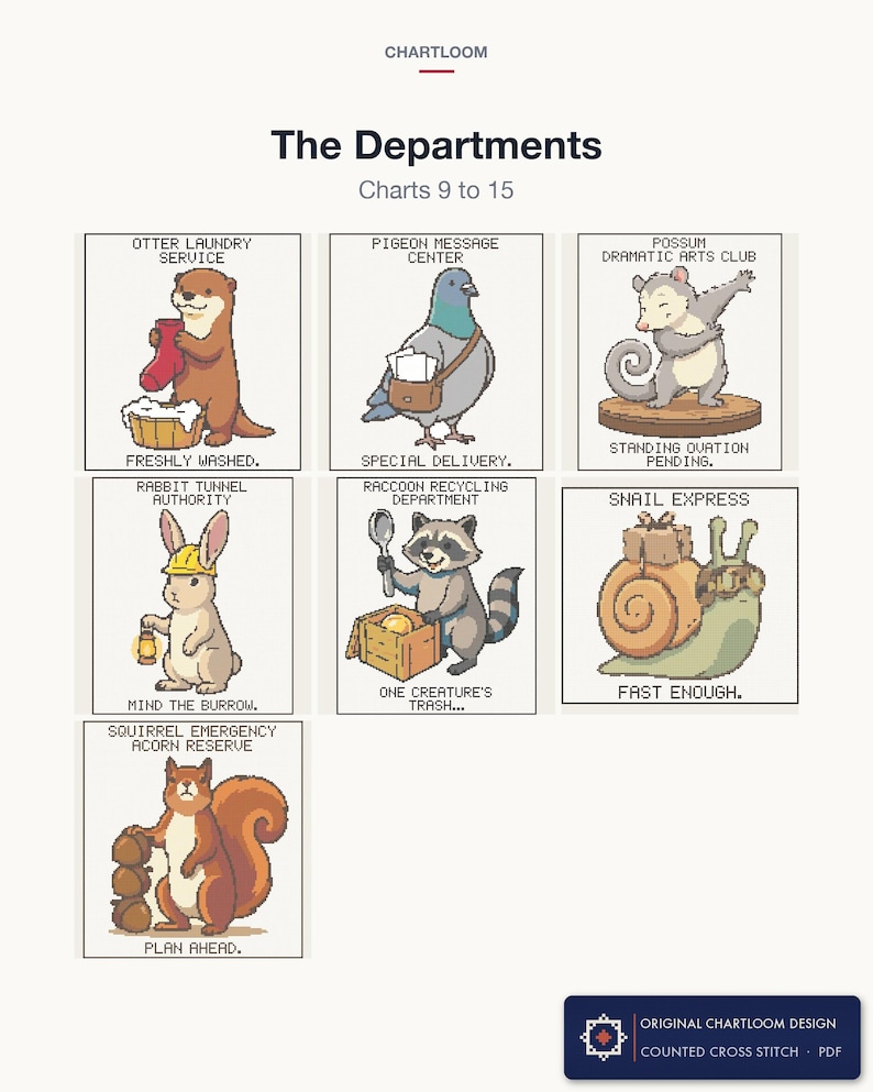 The remaining 7 cross stitch charts in the The Departments bundle