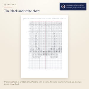 The black and white symbol chart from the owl cross stitch pattern PDF, symbols only