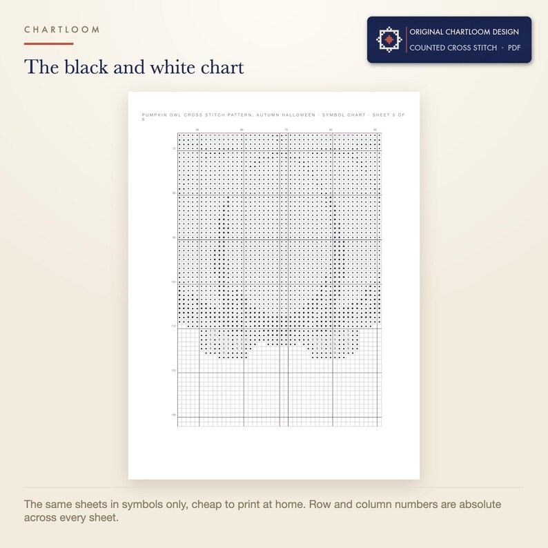 The black and white symbol chart from the owl cross stitch pattern PDF, symbols only