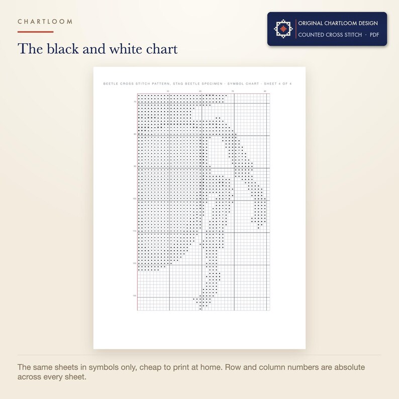 The black and white symbol chart from the stag beetle cross stitch pattern PDF, symbols only