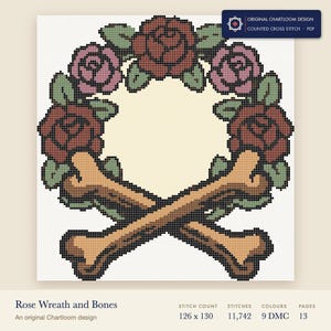 rose wreath with crossed bones cross stitch chart shown as a colour preview with the stitch count and thread count
