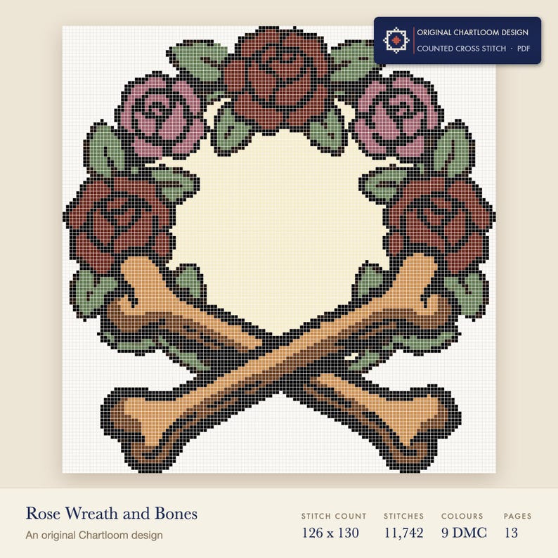 rose wreath with crossed bones cross stitch chart shown as a colour preview with the stitch count and thread count
