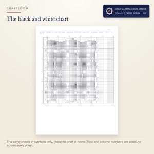 The black and white symbol chart from the a gallery of ghost portraits cross stitch pattern PDF, symbols only