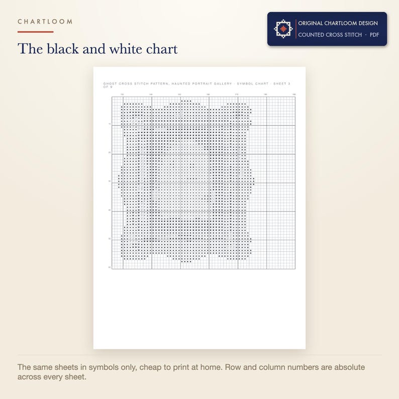 The black and white symbol chart from the a gallery of ghost portraits cross stitch pattern PDF, symbols only
