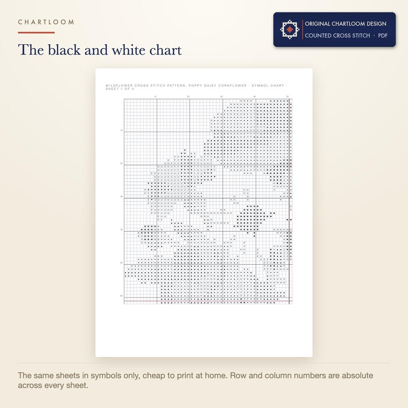 The black and white symbol chart from the a wildflower bouquet cross stitch pattern PDF, symbols only
