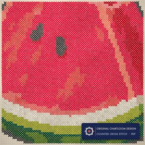 Close up of the a watermelon slice cross stitch design worked stitch by stitch, every cross and thread colour visible