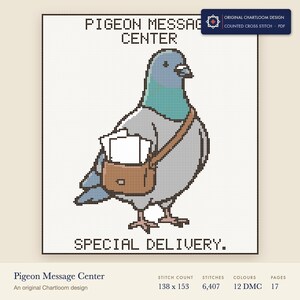 pigeon message center cross stitch chart shown as a colour preview with the stitch count and thread count