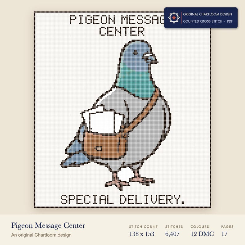 pigeon message center cross stitch chart shown as a colour preview with the stitch count and thread count