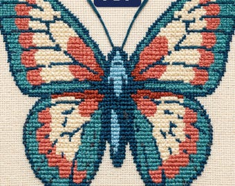Butterfly Cross Stitch Pattern, Patina Blue Wings, Cottagecore Wall Decor (PDF Download)