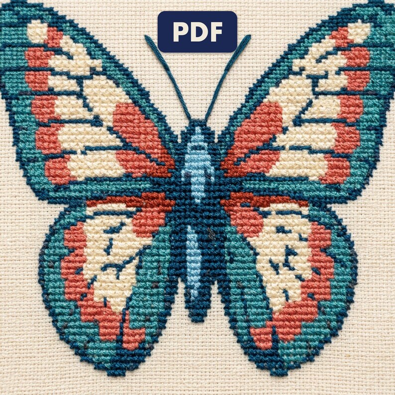 A finished a butterfly cross stitch piece, stitched and framed on a wall