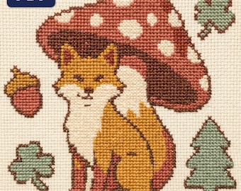 Fox Mushroom Cross Stitch Pattern, Woodland Cottagecore Forest Animal Chart (PDF Download)