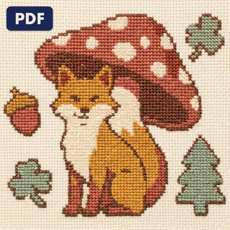 A finished fox cross stitch piece, stitched and framed on a wall