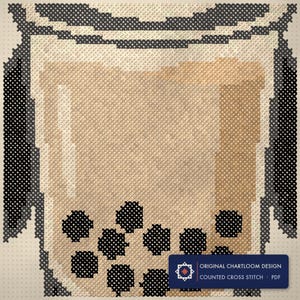 Close up of the panda cross stitch design worked stitch by stitch, every cross and thread colour visible