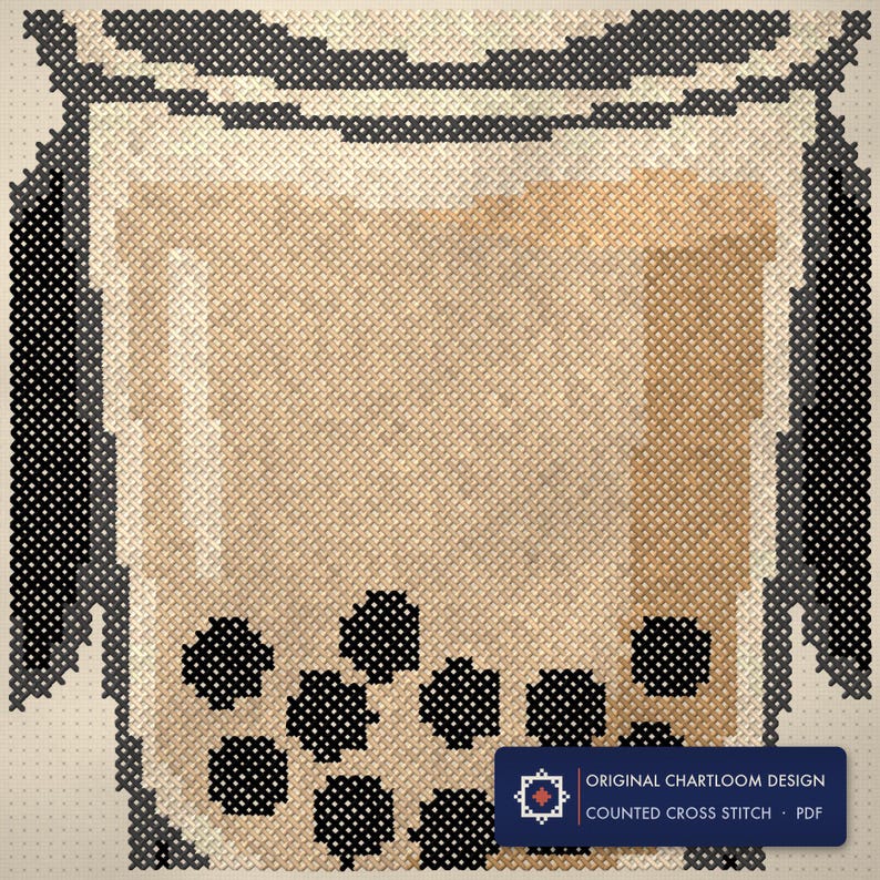 Close up of the panda cross stitch design worked stitch by stitch, every cross and thread colour visible