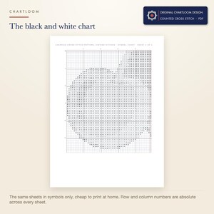 The black and white symbol chart from the cherries cross stitch pattern PDF, symbols only