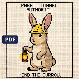 A finished rabbit tunnel authority cross stitch piece, stitched and framed on a wall