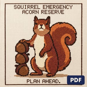 A finished squirrel acorn reserve cross stitch piece, stitched and framed on a wall
