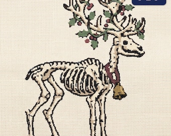 Patrón de punto de cruz de esqueleto, reno gótico con acebo, gráfico navideño grande contado, PDF, descarga instantánea