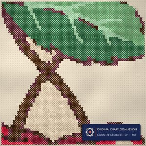 Close up of the cherries cross stitch design worked stitch by stitch, every cross and thread colour visible