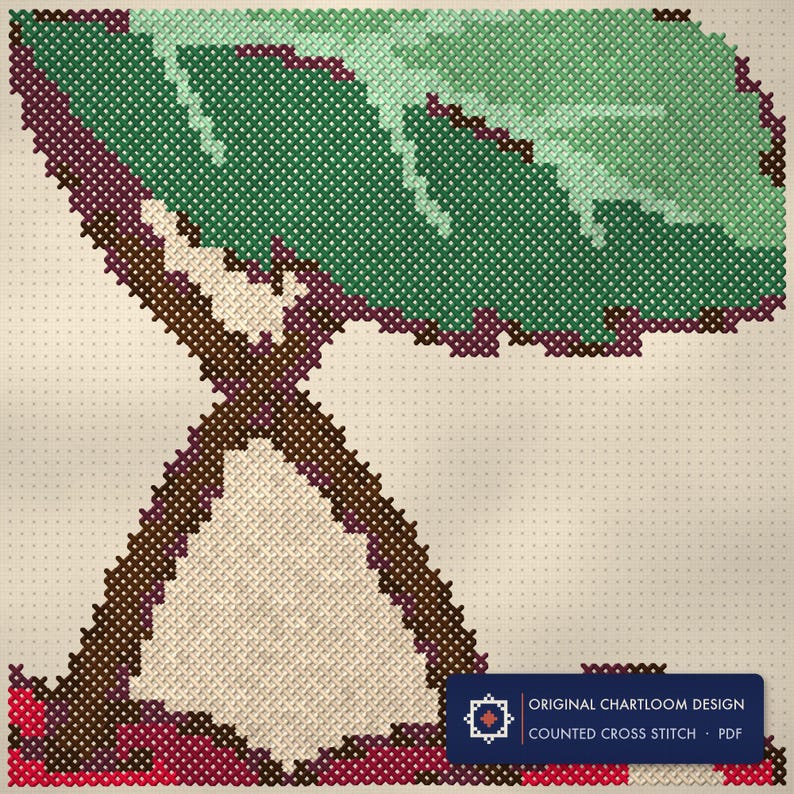 Close up of the cherries cross stitch design worked stitch by stitch, every cross and thread colour visible