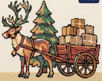 Patrón de punto de cruz de reno, carrito de paquetería navideño, gráfico navideño grande contado, PDF, descarga instantánea