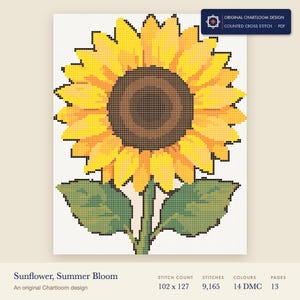 a sunflower cross stitch chart shown as a colour preview with the stitch count and thread count