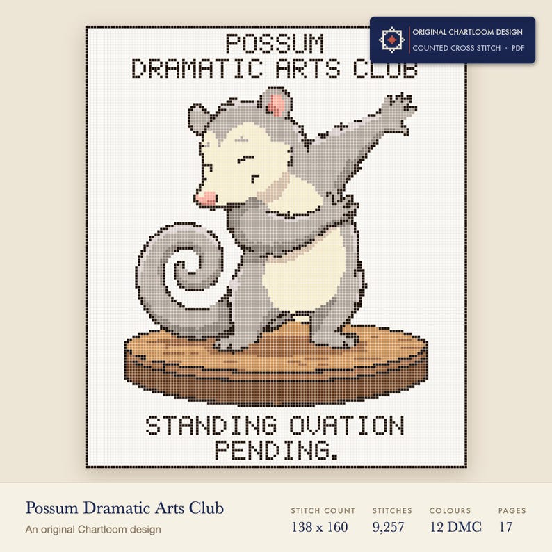 possum dramatic arts club cross stitch chart shown as a colour preview with the stitch count and thread count