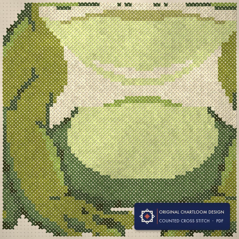Close up of the a garden frog cross stitch design worked stitch by stitch, every cross and thread colour visible