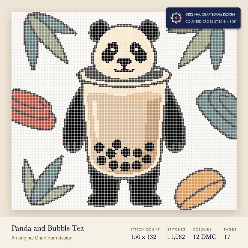 panda cross stitch chart shown as a colour preview with the stitch count and thread count