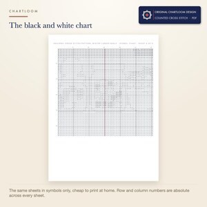 The black and white symbol chart from the a squirrel's winter larder cross stitch pattern PDF, symbols only