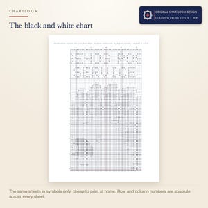 The black and white symbol chart from the hedgehog postal service cross stitch pattern PDF, symbols only